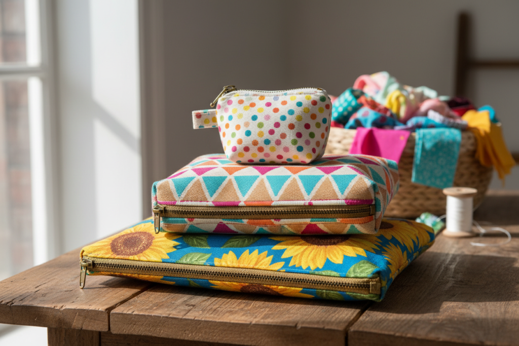 collection of zippered pouches in coordinating fabrics