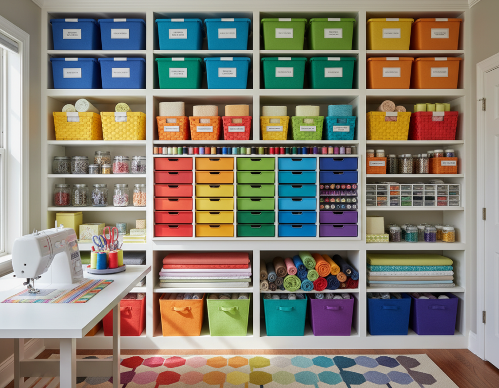 color-coded storage bins and baskets in sewing room
