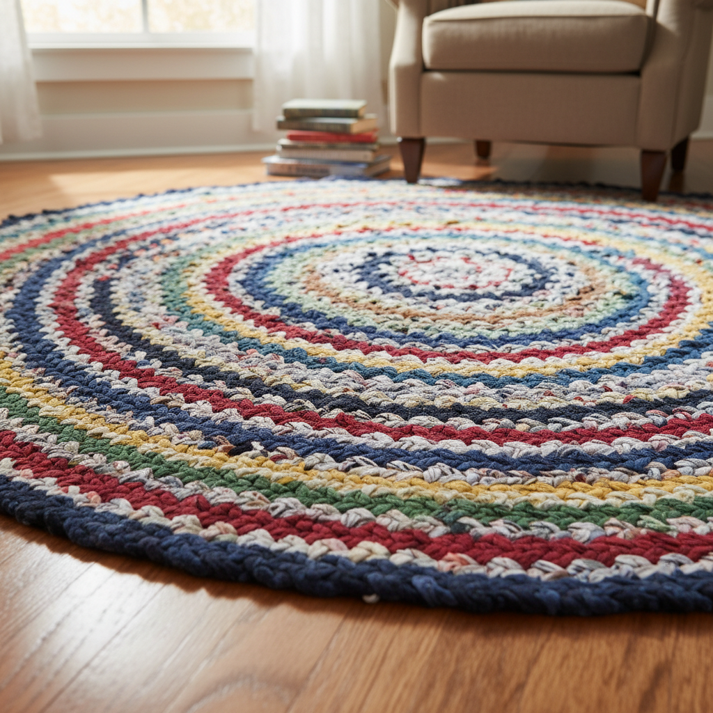 colorful braided rag rug made from t-shirts on floor