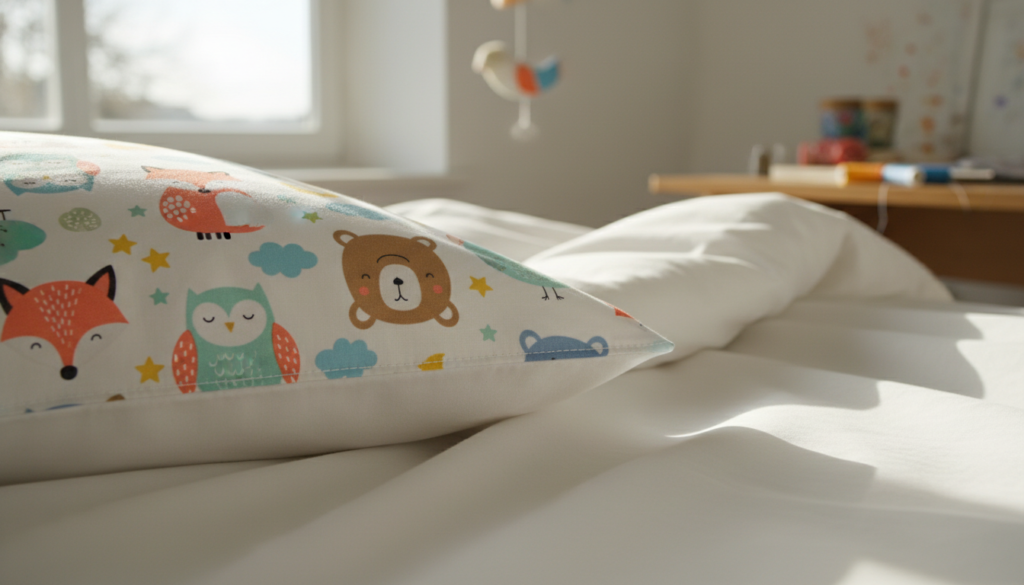 colorful children's pillowcase showing beginner sewing project results