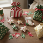 colorful christmas sewing projects displayed on rustic wooden table with fabric scraps and thread