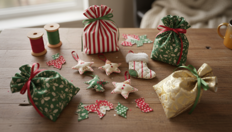 colorful christmas sewing projects displayed on rustic wooden table with fabric scraps and thread