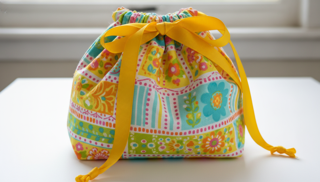 colorful drawstring bag made by kids on sewing machine