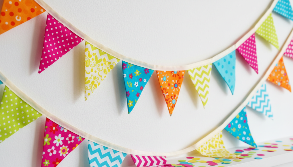 colorful fabric bunting flags strung together