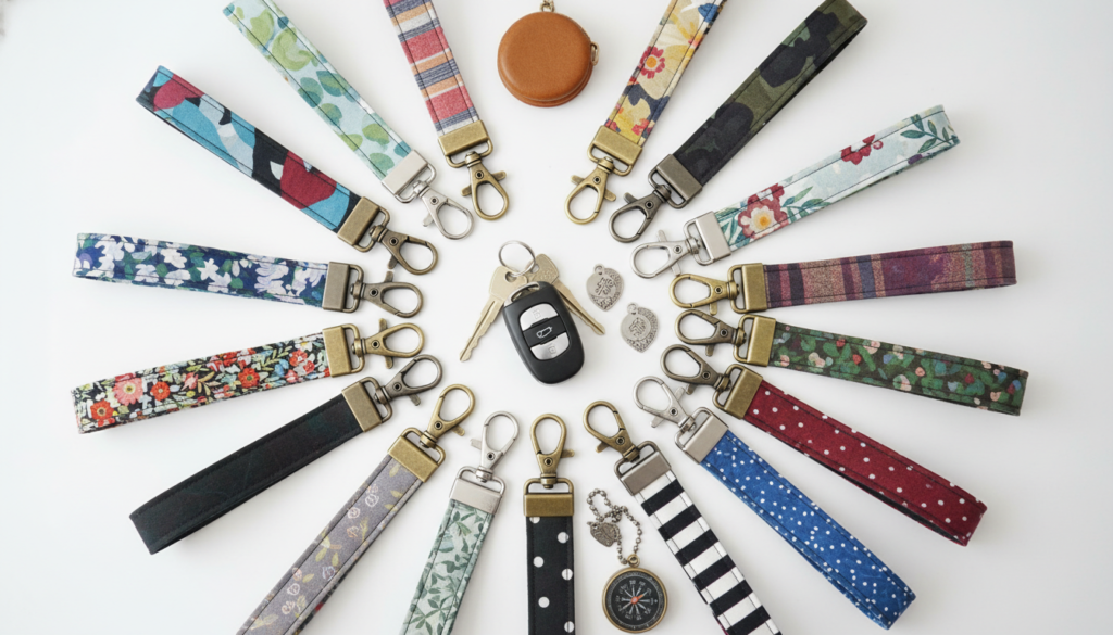 colorful fabric key fobs and wristlets in trendy patterns with hardware attachments