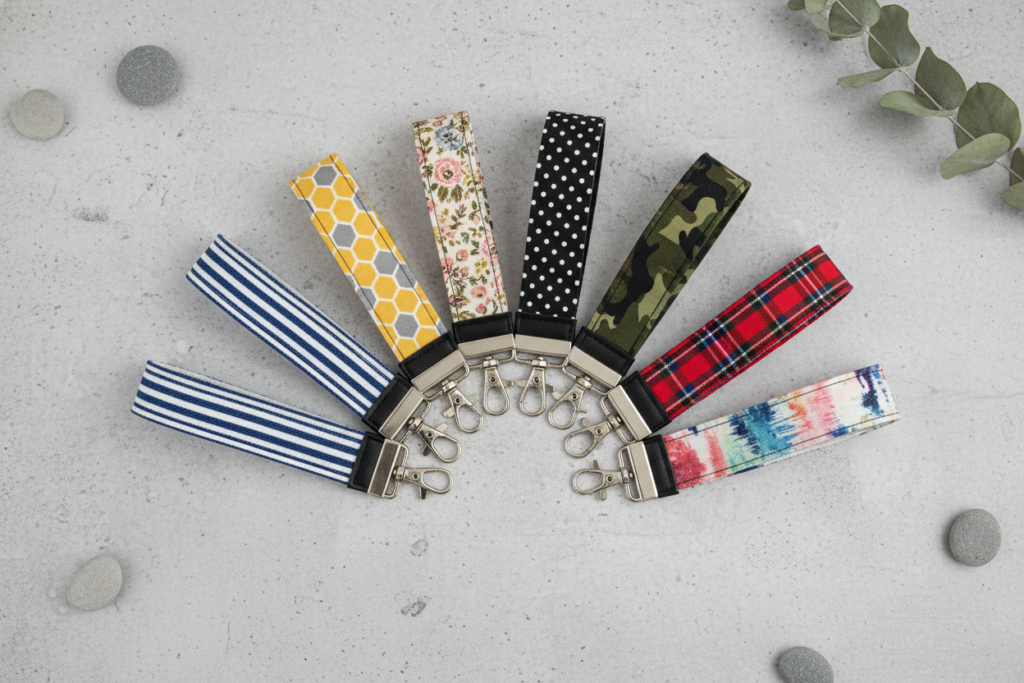 colorful fabric key fobs with wrist strap design