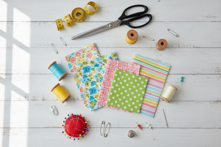 colorful fabric pieces and basic sewing supplies arranged on a clean white workspace
