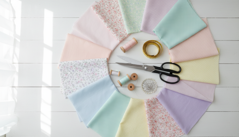 colorful fabric pieces and basic sewing supplies arranged on white workspace