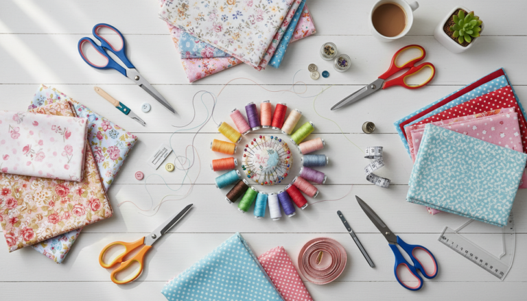 colorful fabric pieces and sewing supplies arranged on a crafting table for small sewing projects cute gift ideas for kids