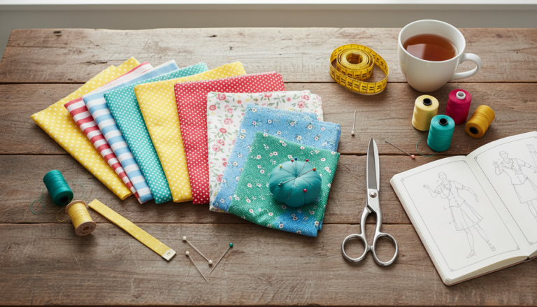 colorful fabric pieces and sewing supplies arranged on a wooden table