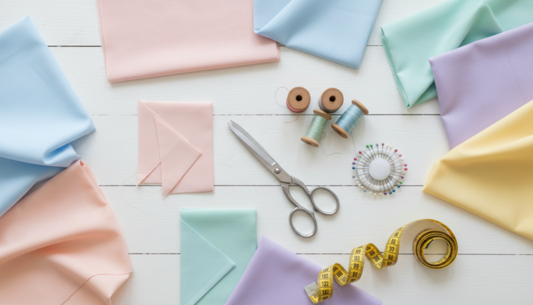 colorful fabric pieces and sewing supplies arranged on white table for easy sewing projects for beginners