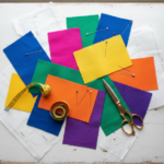 colorful fabric pieces and sewing tools arranged on a crafting table for DIY pants project