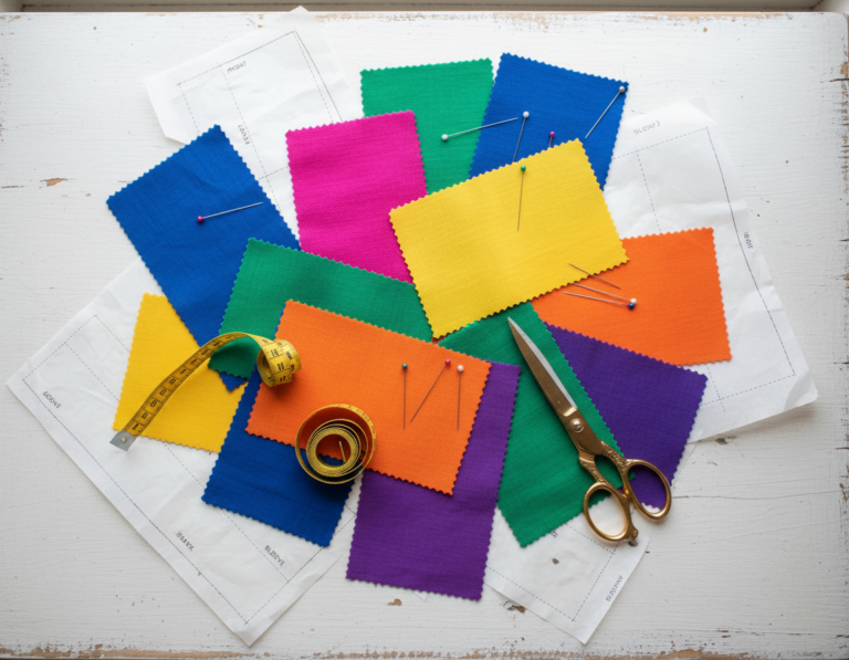 colorful fabric pieces and sewing tools arranged on a crafting table for DIY pants project