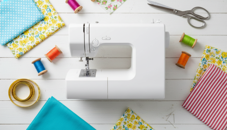 colorful fabric scraps and basic sewing supplies arranged on white table with sewing machine