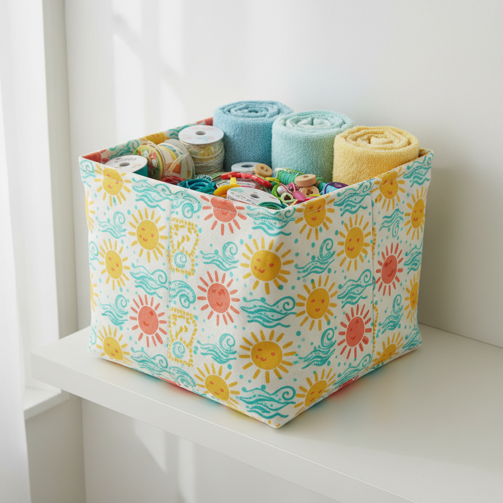 colorful fabric storage bin on shelf