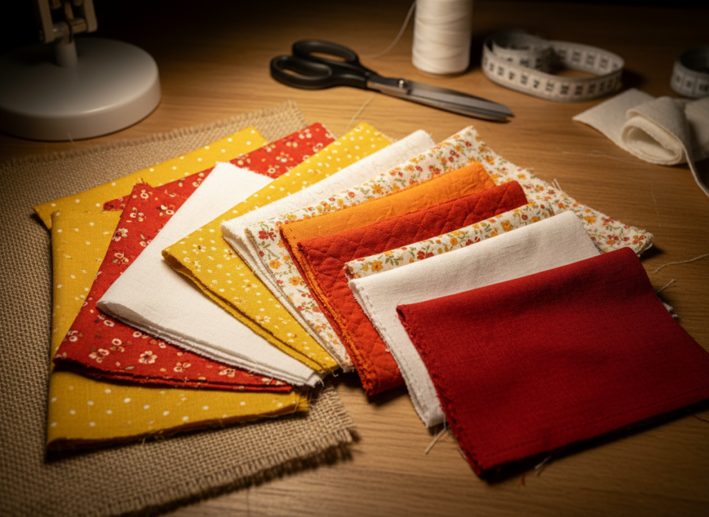 colorful fabric swatches perfect for making chicken sewing pattern stuffed toys