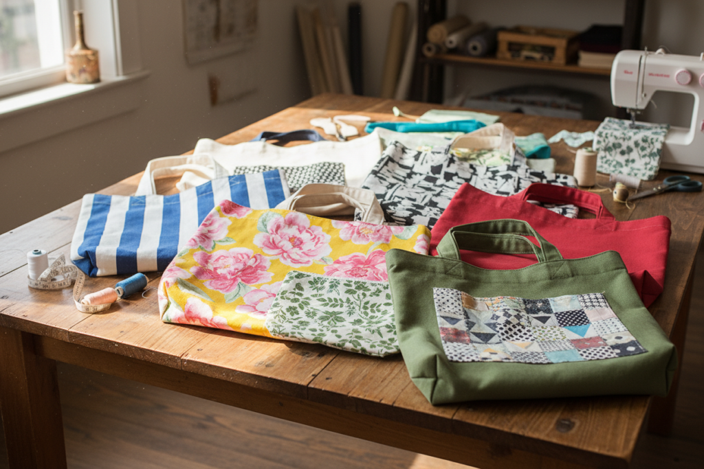 colorful fabric tote bags with various patterns displayed together