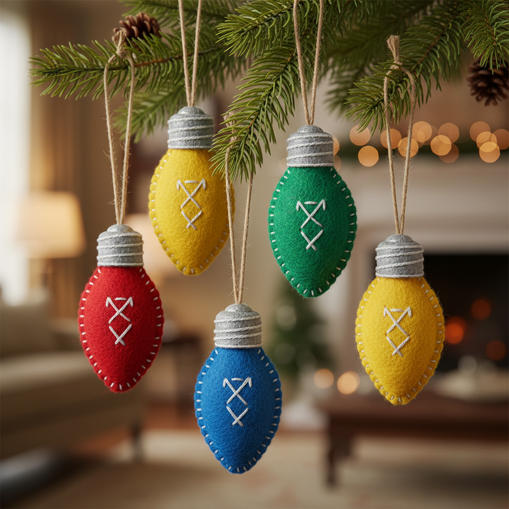 colorful felt Christmas light bulb ornaments hanging on tree