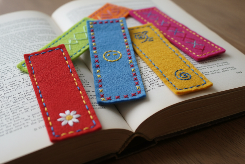 colorful felt bookmarks with simple stitching patterns