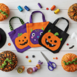 colorful halloween sewing projects for kids including fabric pumpkins and treat bags