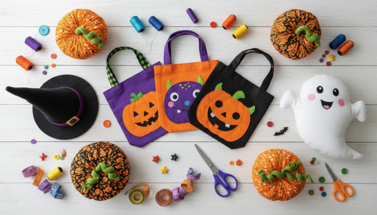 colorful halloween sewing projects for kids including fabric pumpkins and treat bags