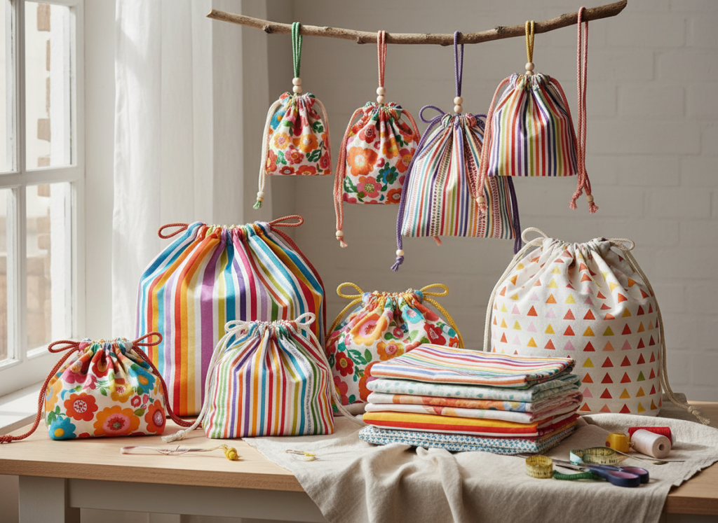 colorful handmade drawstring bags in various sizes and patterns