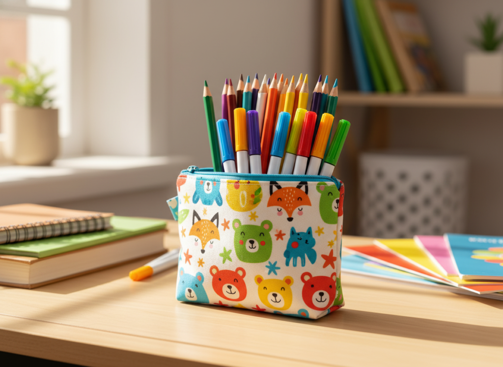 colorful handmade pencil case filled with supplies