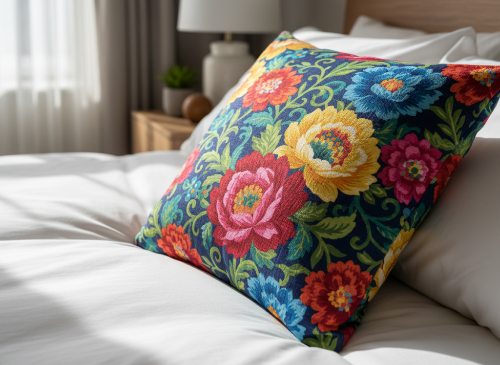 colorful handmade pillowcase on bed