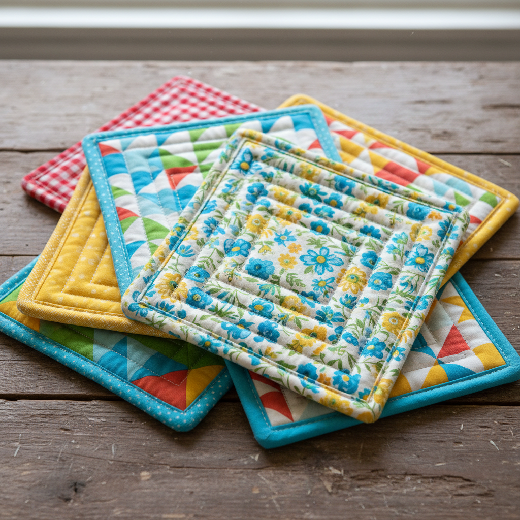 colorful handmade pot holders stacked together