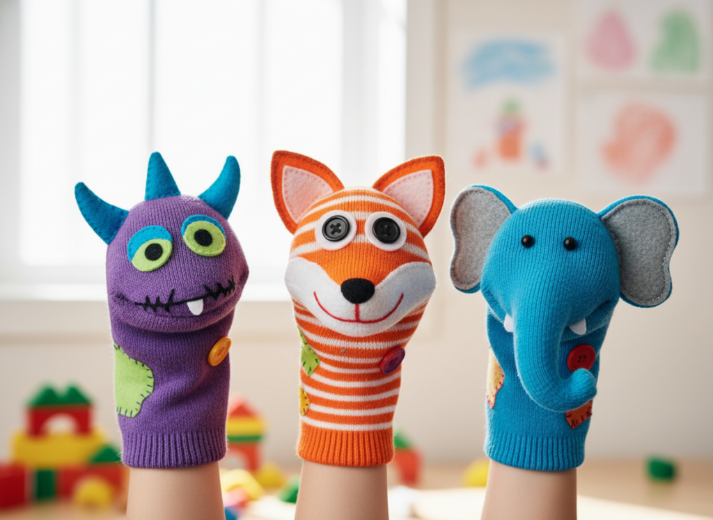 colorful handmade sock puppets with hand-sewn felt features colorful handmade sock puppets with hand-sewn felt features