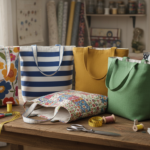 colorful handmade tote bags displayed on wooden table with sewing supplies
