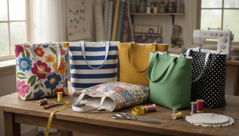 colorful handmade tote bags displayed on wooden table with sewing supplies