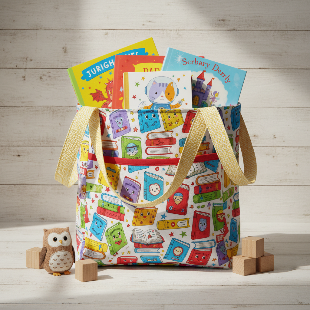 colorful kids library bag with books and front pocket detail