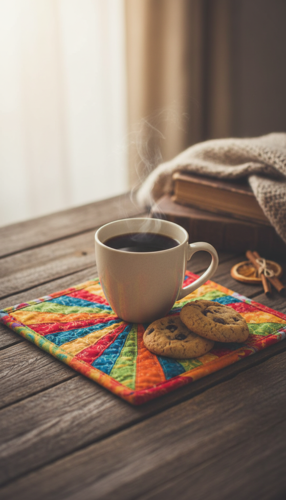 colorful mug rug with coffee cup and cookies