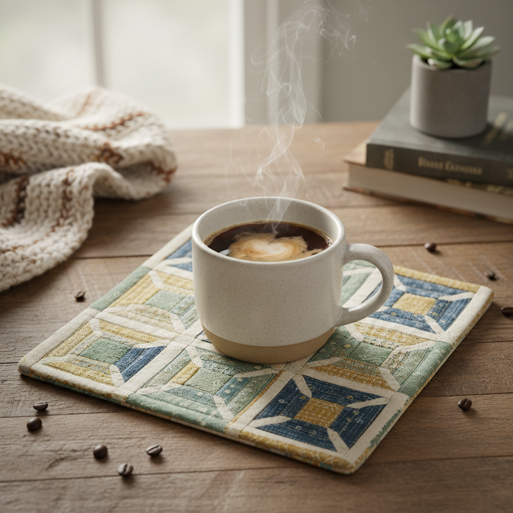 colorful patchwork mug rug with coffee cup