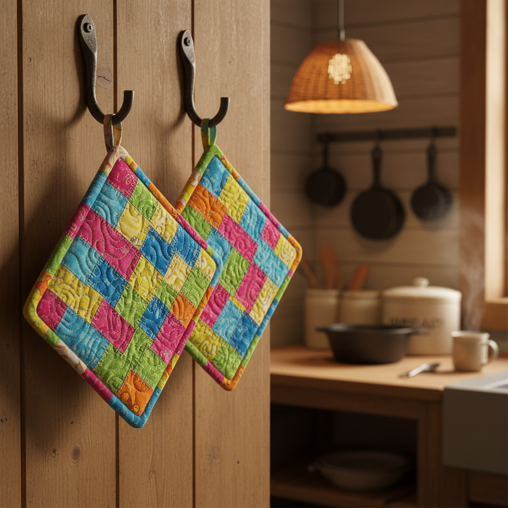 colorful patchwork pot holders made from fabric scraps