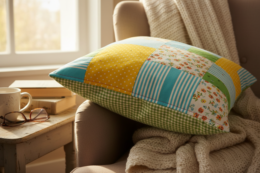 colorful pillow cover made by kids as beginner sewing machine project
