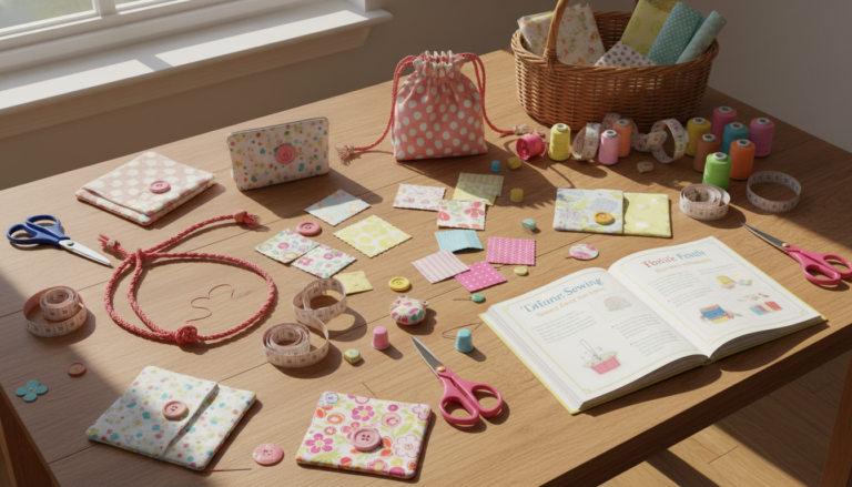colorful sewing projects for beginners kids laid out on craft table