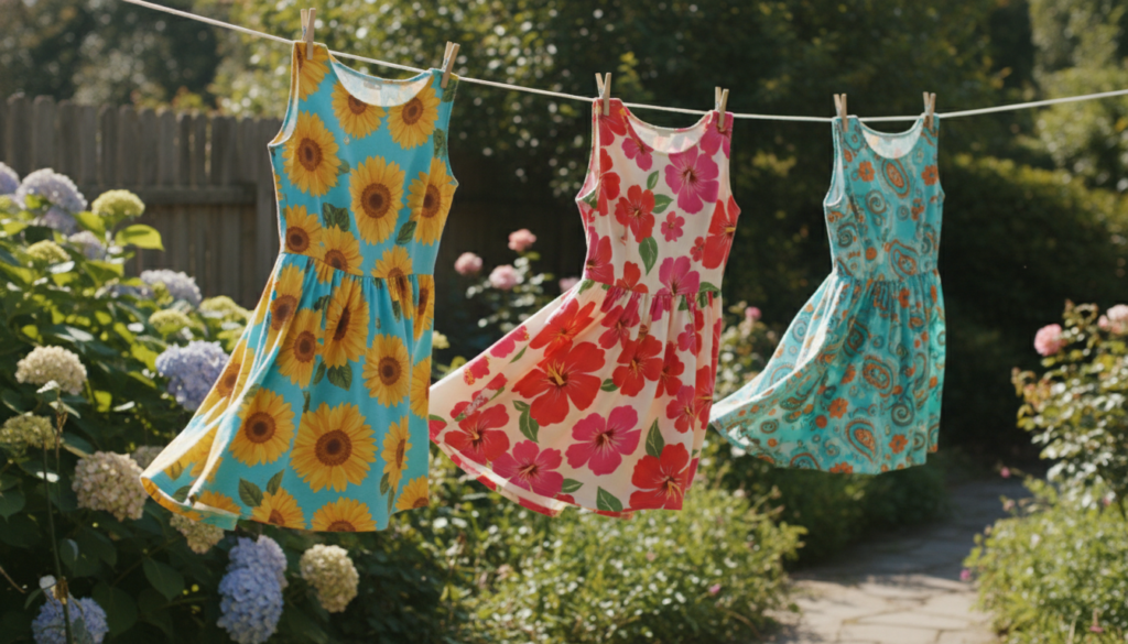 colorful summer dresses hanging on outdoor clothesline