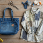 colorful upcycled clothing pieces arranged on wooden table with sewing supplies