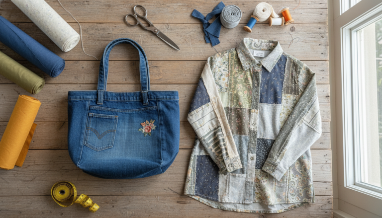 colorful upcycled clothing pieces arranged on wooden table with sewing supplies