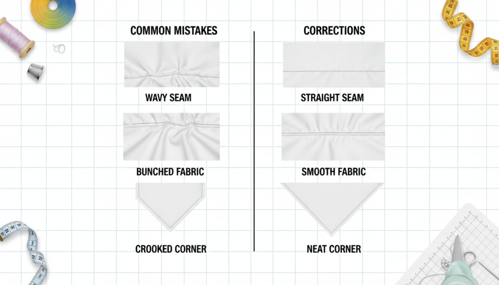 common sewing mistakes and their solutions displayed side by side
