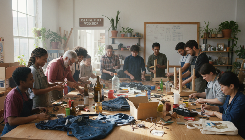 community craft group working on upcycling projects together