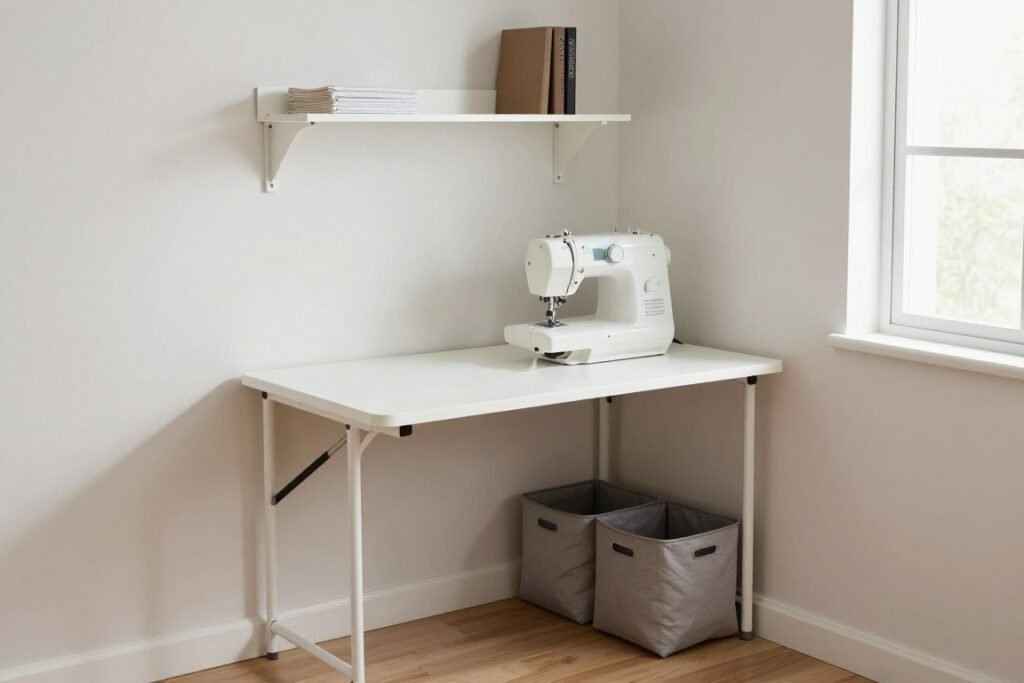compact folding sewing table in small apartment space