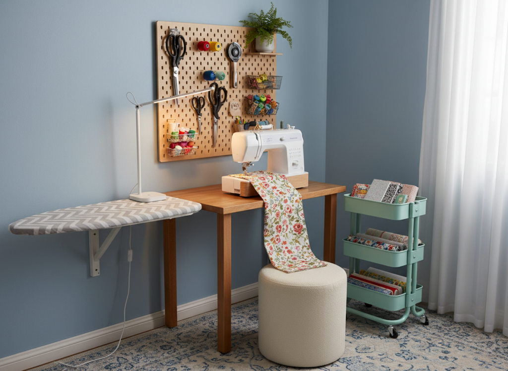 compact sewing corner in bedroom with vertical storage solutions