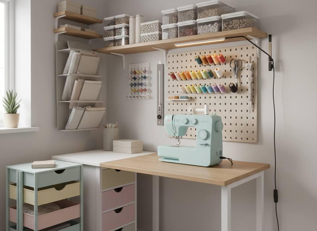 compact sewing station in small apartment