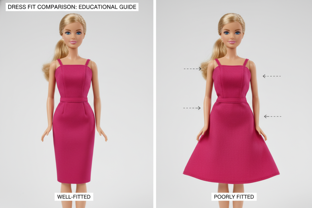 comparing well-fitted and poorly-fitted barbie clothes