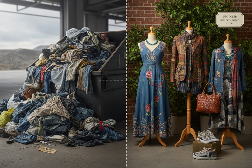 comparison showing landfill waste versus upcycled creations