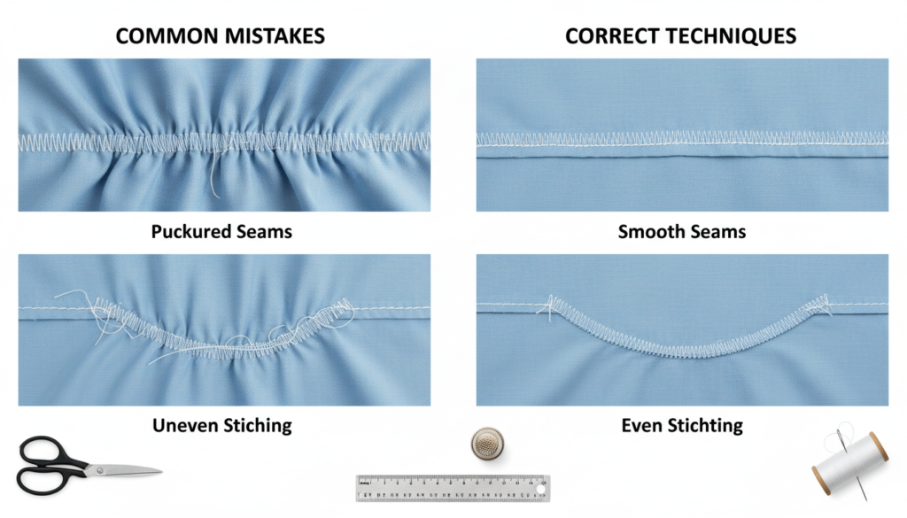 comparison showing sewing mistakes versus correct techniques