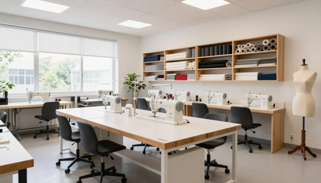 complete professional sewing studio layout with multiple work stations